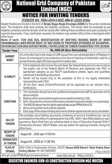 National Grid Company of Pakistan Limited Multan Tender Notice